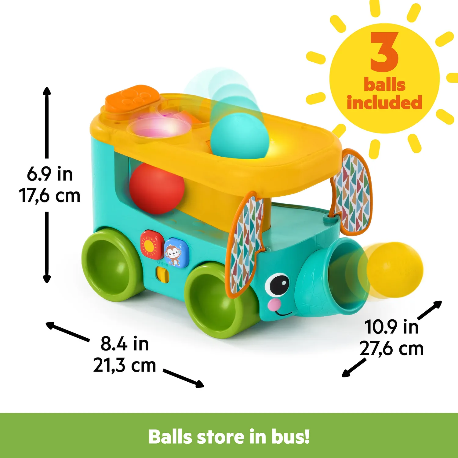 Bright Starts Pop & Roll Safari Bus Ballspielzeug 3 Bälle mit Licht