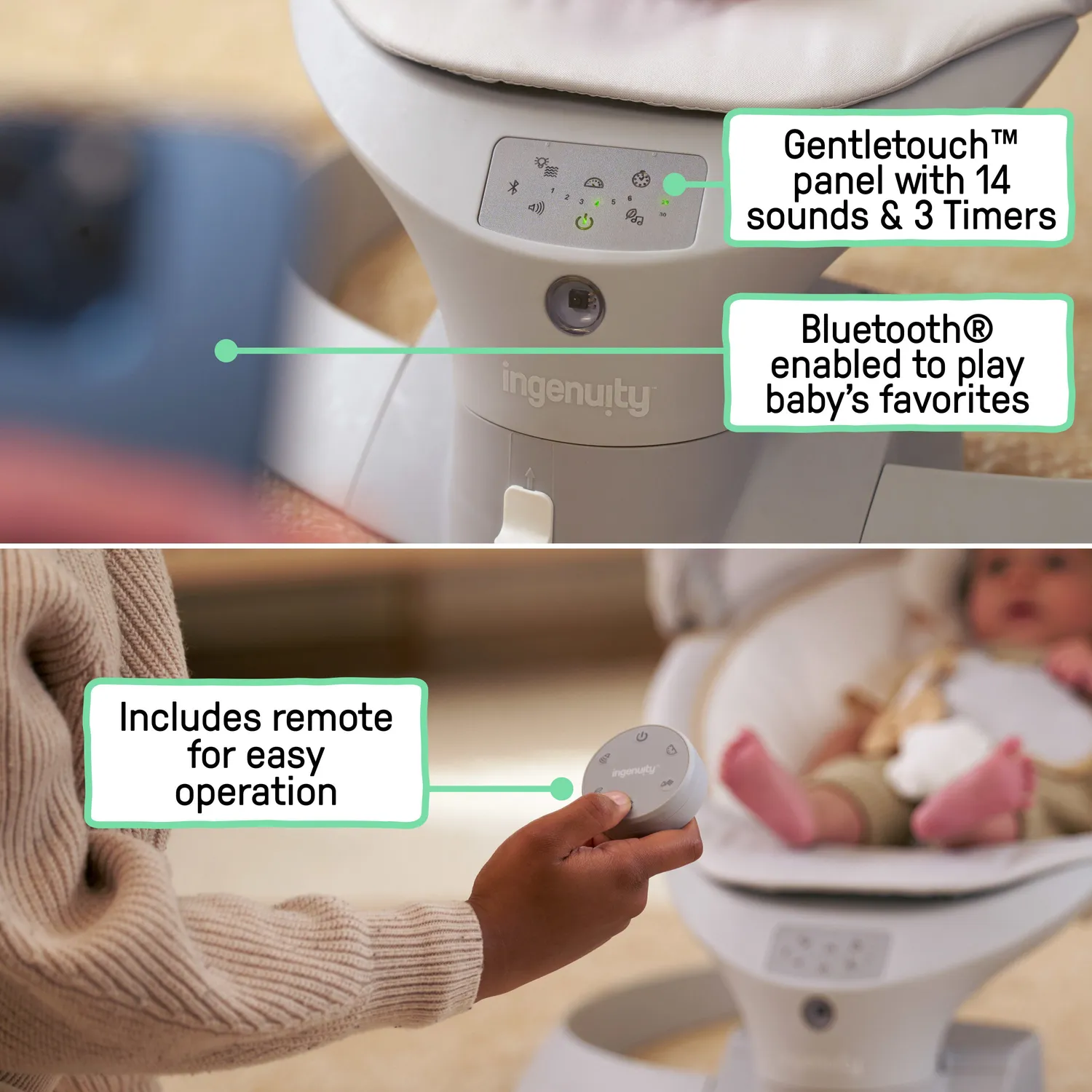 Ingenuity Inlighten Bounce & Sway Babyschaukel Pebble Shore Bluetooth