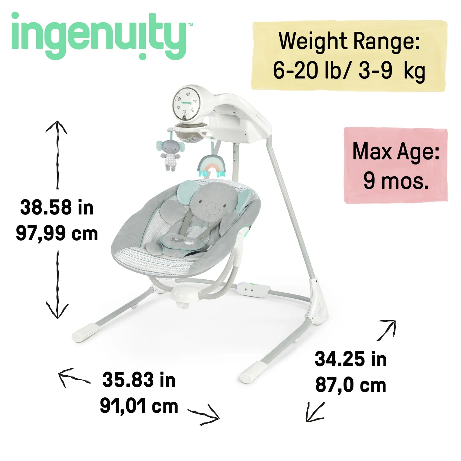 Ingenuity InLighten Van Elephant Babyschaukel mit Licht