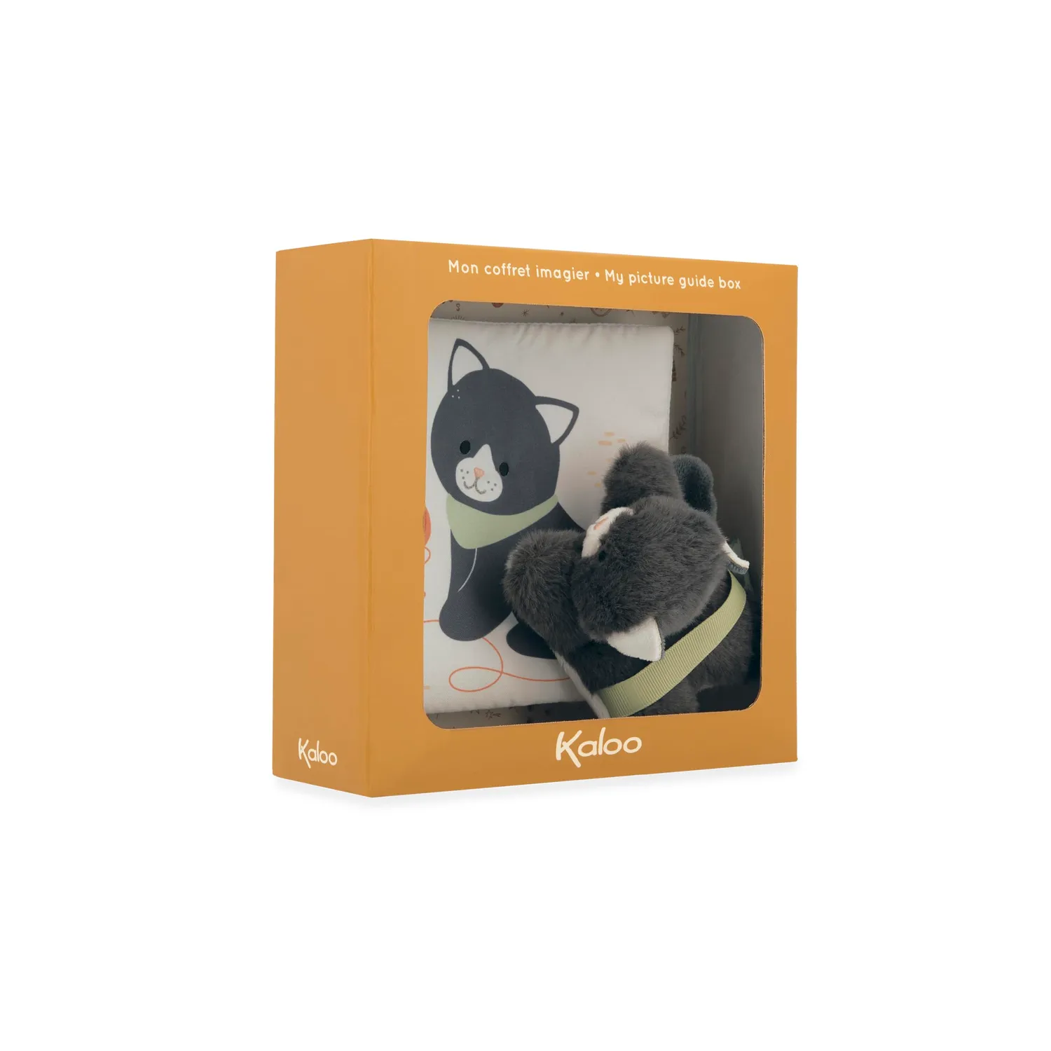 Kaloo Chamallow Stoffbuch Katze bunt mit Minikuscheltier