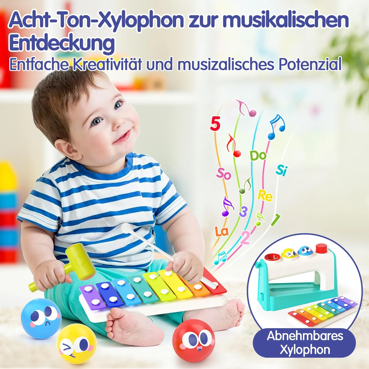 HOLA Hammerspiel Xylophon Klopfspiel mit 3 Bällen ab 1 Jahr