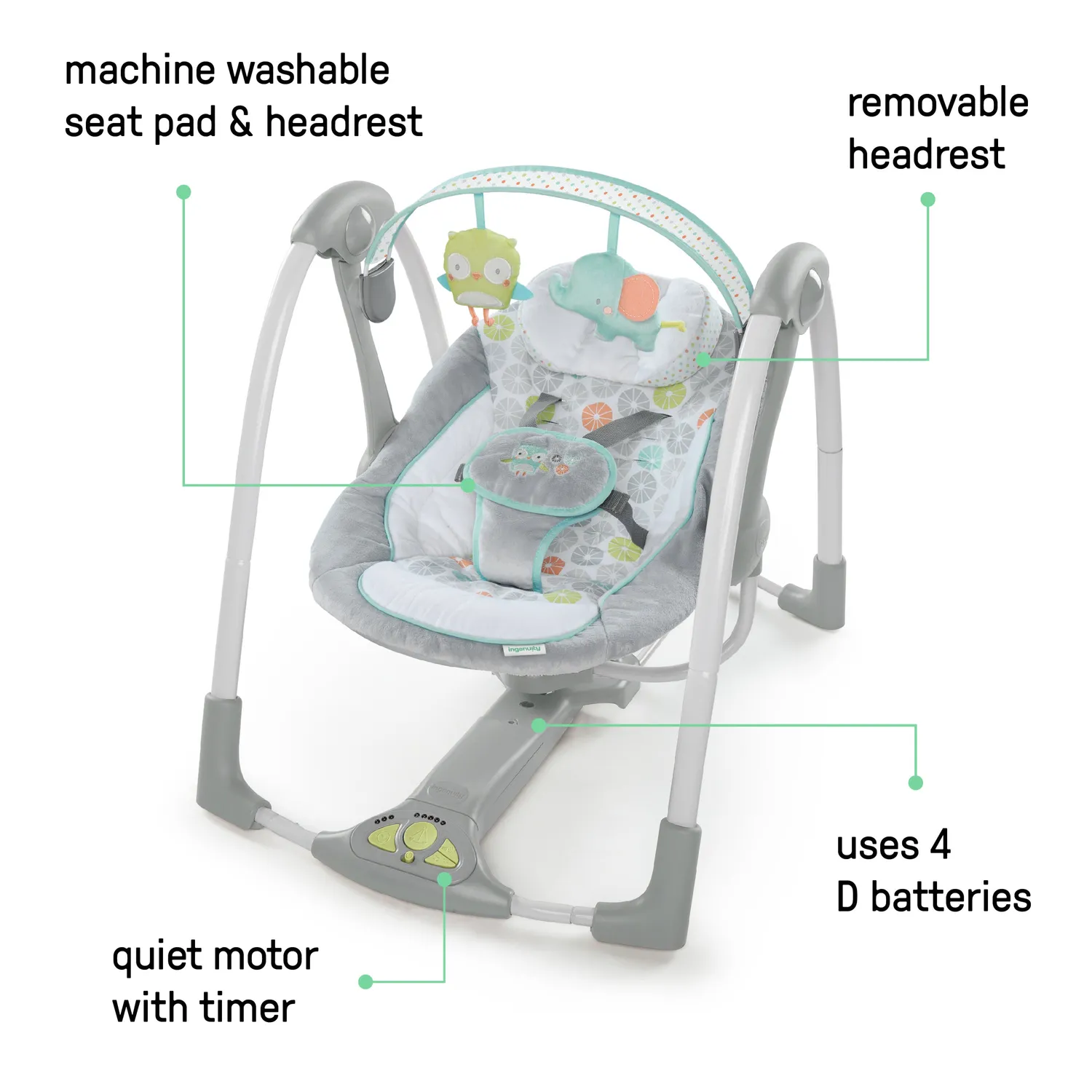 Ingenuity Swing n Go Portable Babyschaukel Hugs & Hoots 5-Stufen