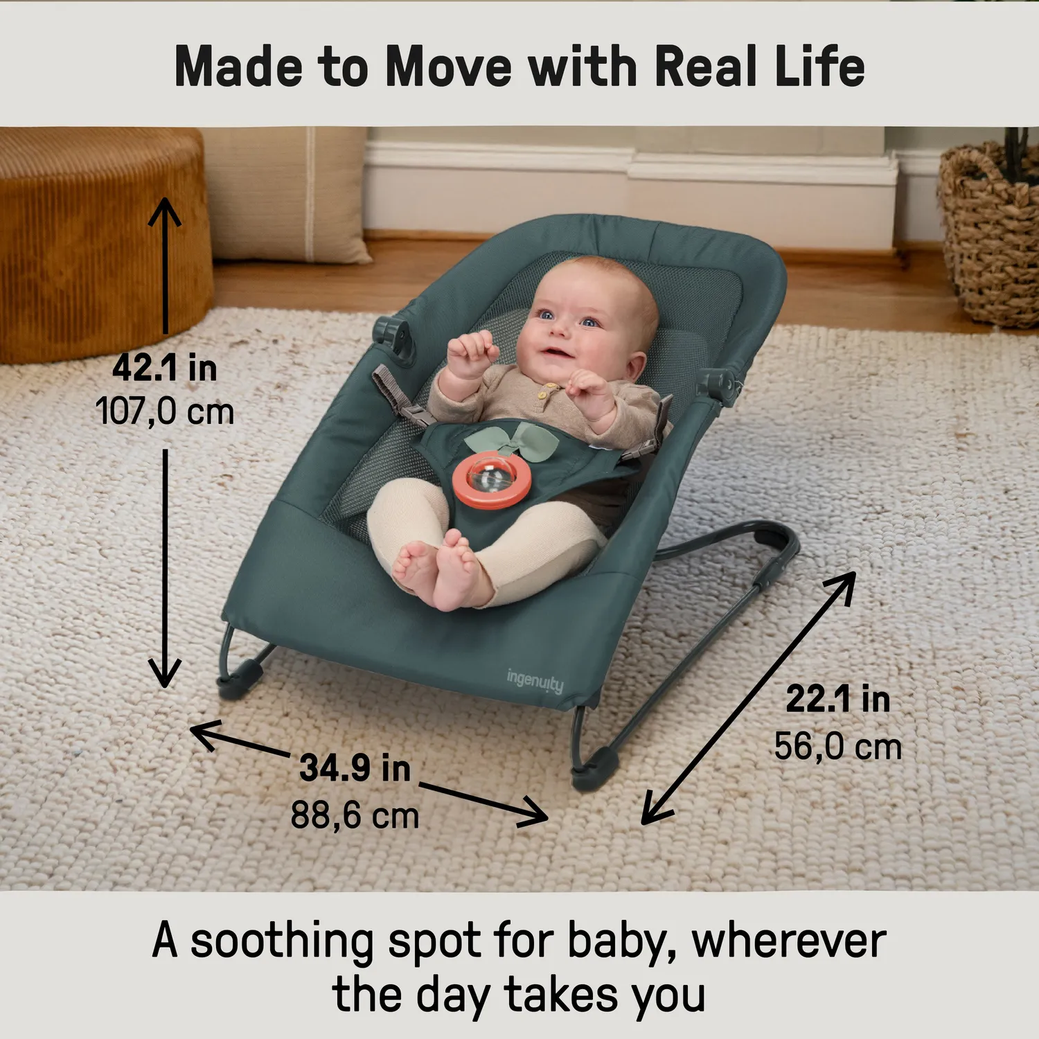 Ingenuity Stow Go Grey Babywippe faltbar Vibration