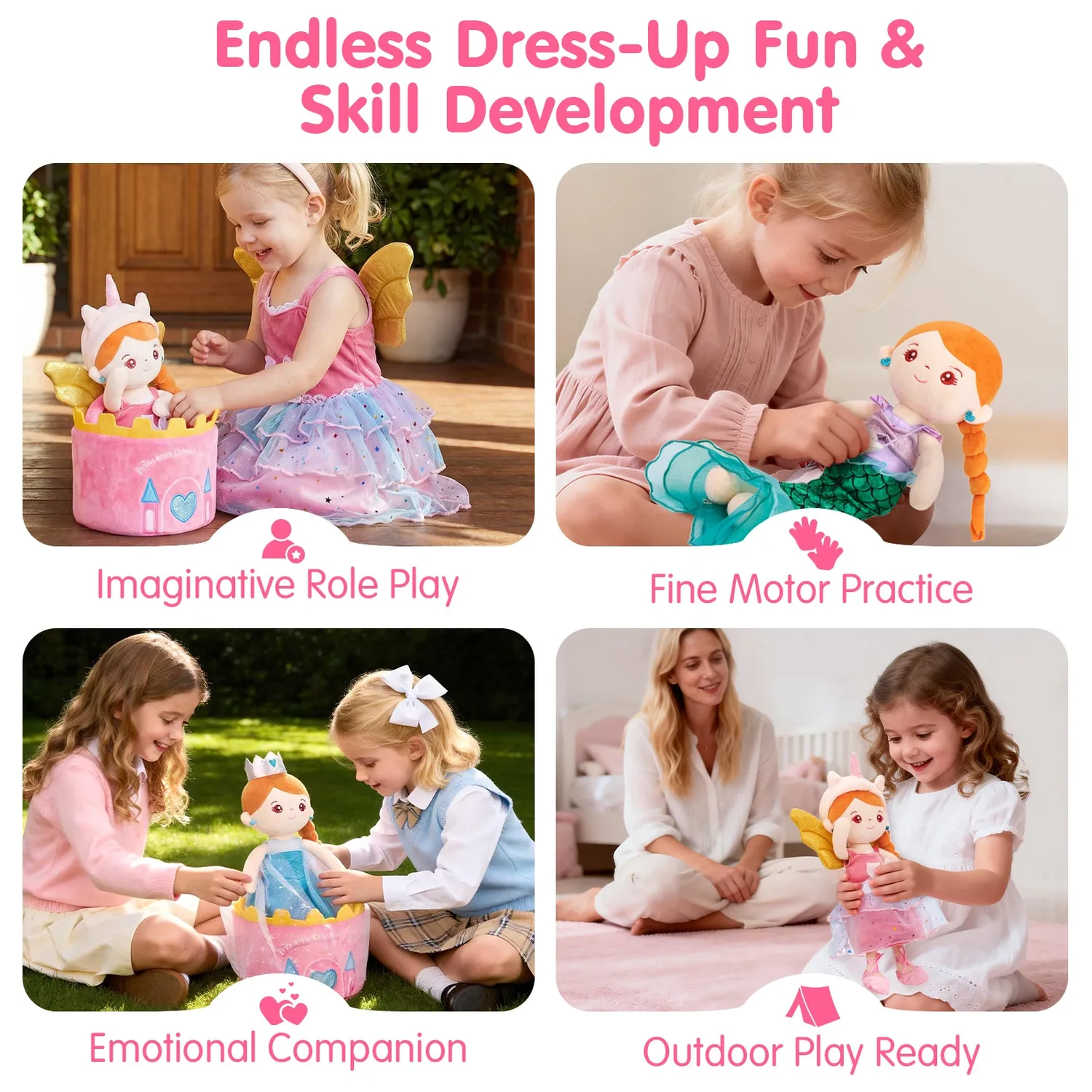 hahaland 3-in-1 Ankleidepuppe mit 3 Outfits Klett