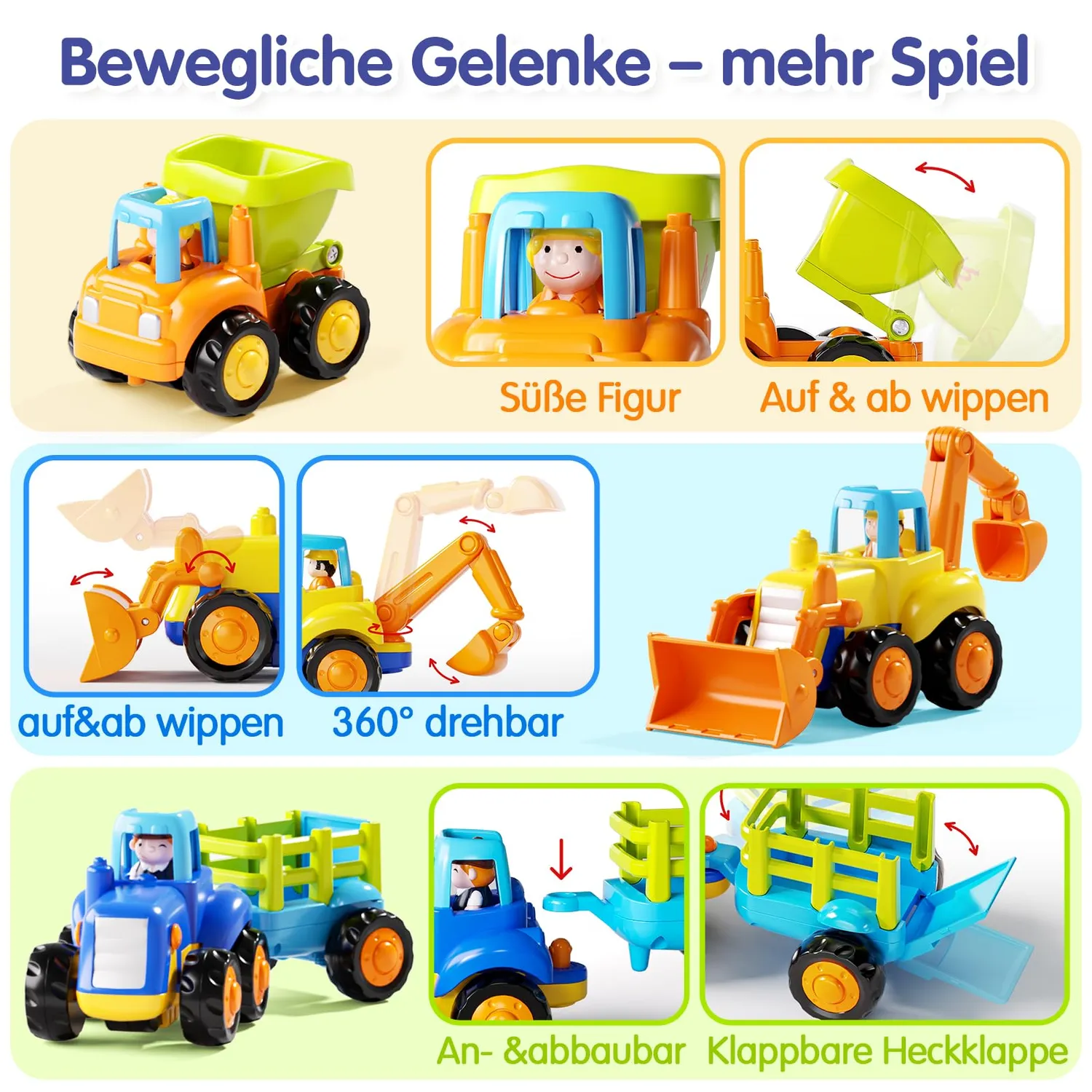 HOLA Baustellenfahrzeuge Spielzeugauto 4er-Set Reibungsantrieb