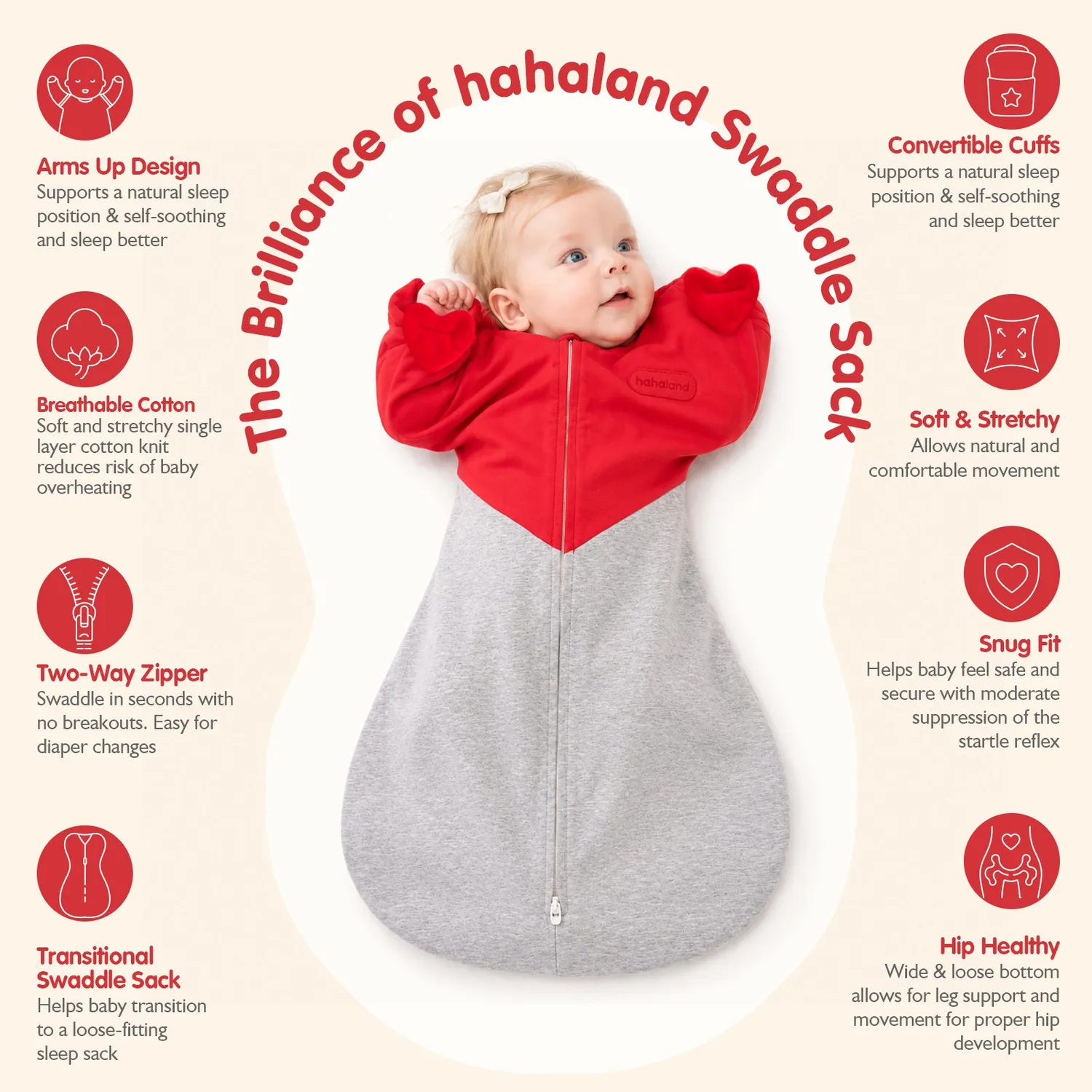 hahaland Heart-Shaped Arms-Up Pucksack Rot Newborn Baumwolle