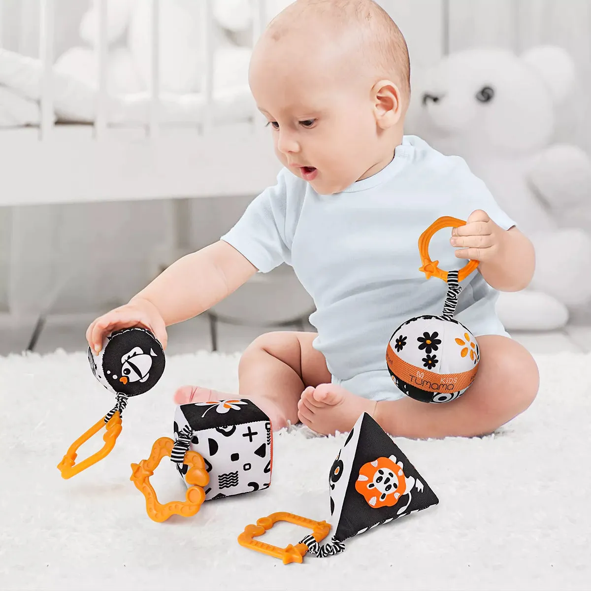 TUMAMA Schwarz-Weiß Kontrast Rassel Baby 4er Set