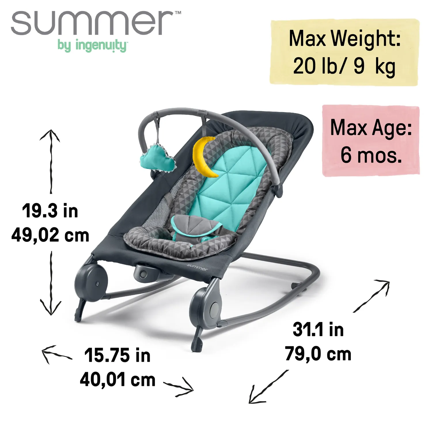Summer Ingenuity 2-in-1 Bouncer Rocker Babywippe Grau Teal Vibration