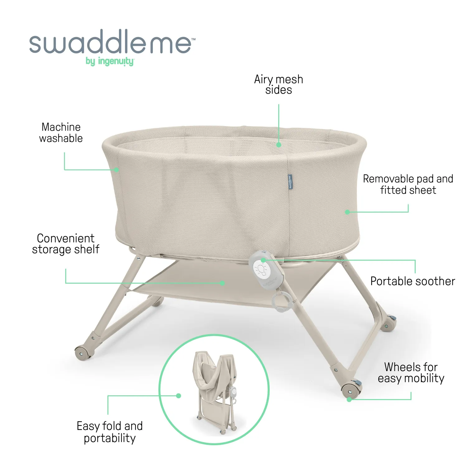 Ingenuity Snooze & Stow Easy-Folding Babybett Sand mit Sound