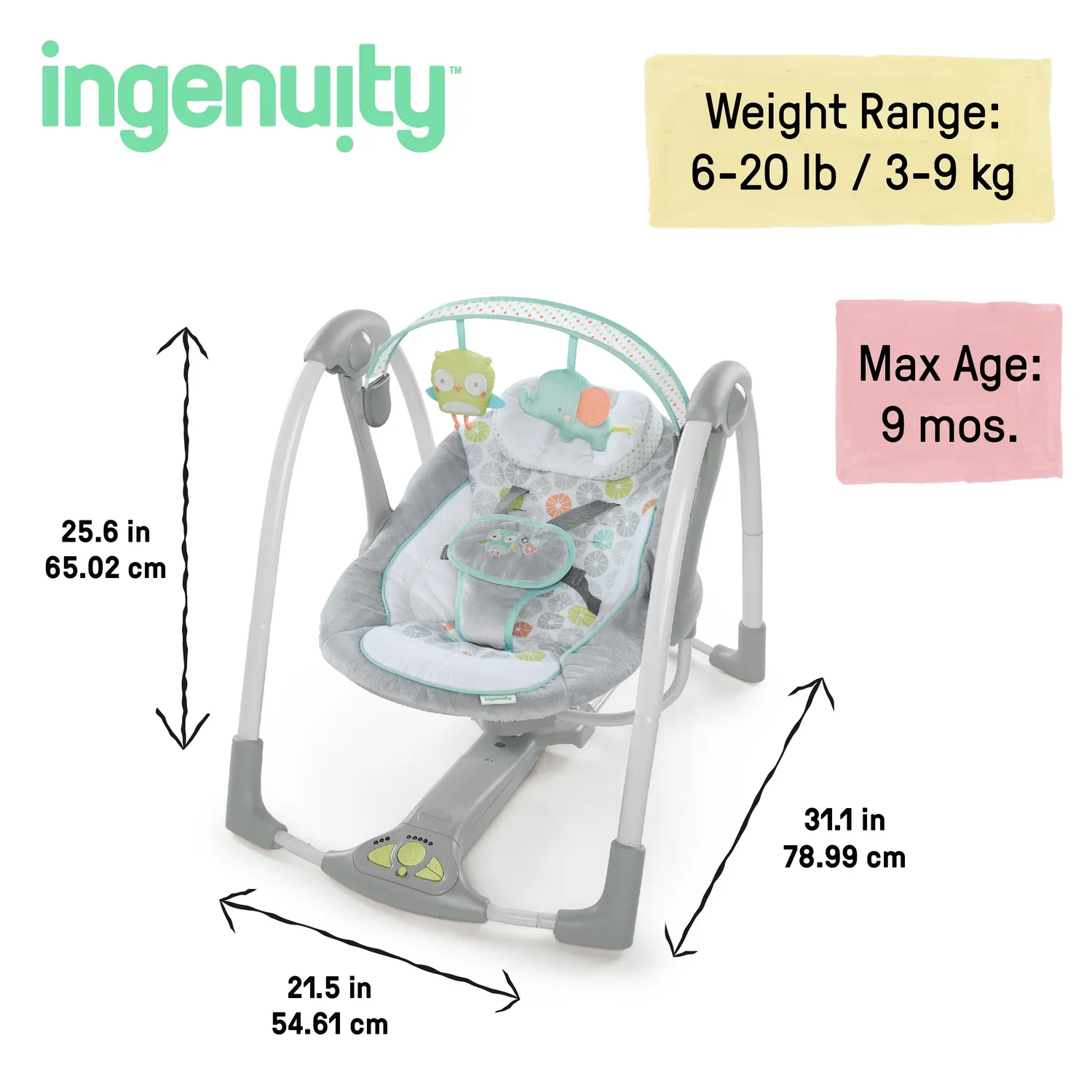Ingenuity Swing n Go Portable Babyschaukel Hugs & Hoots 5-Stufen