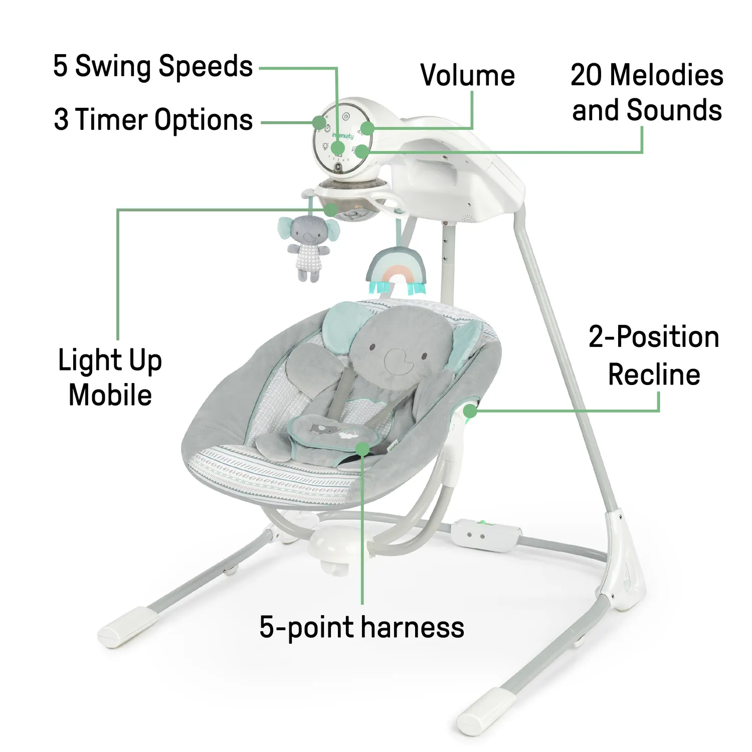 Ingenuity InLighten Van Elephant Babyschaukel mit Licht