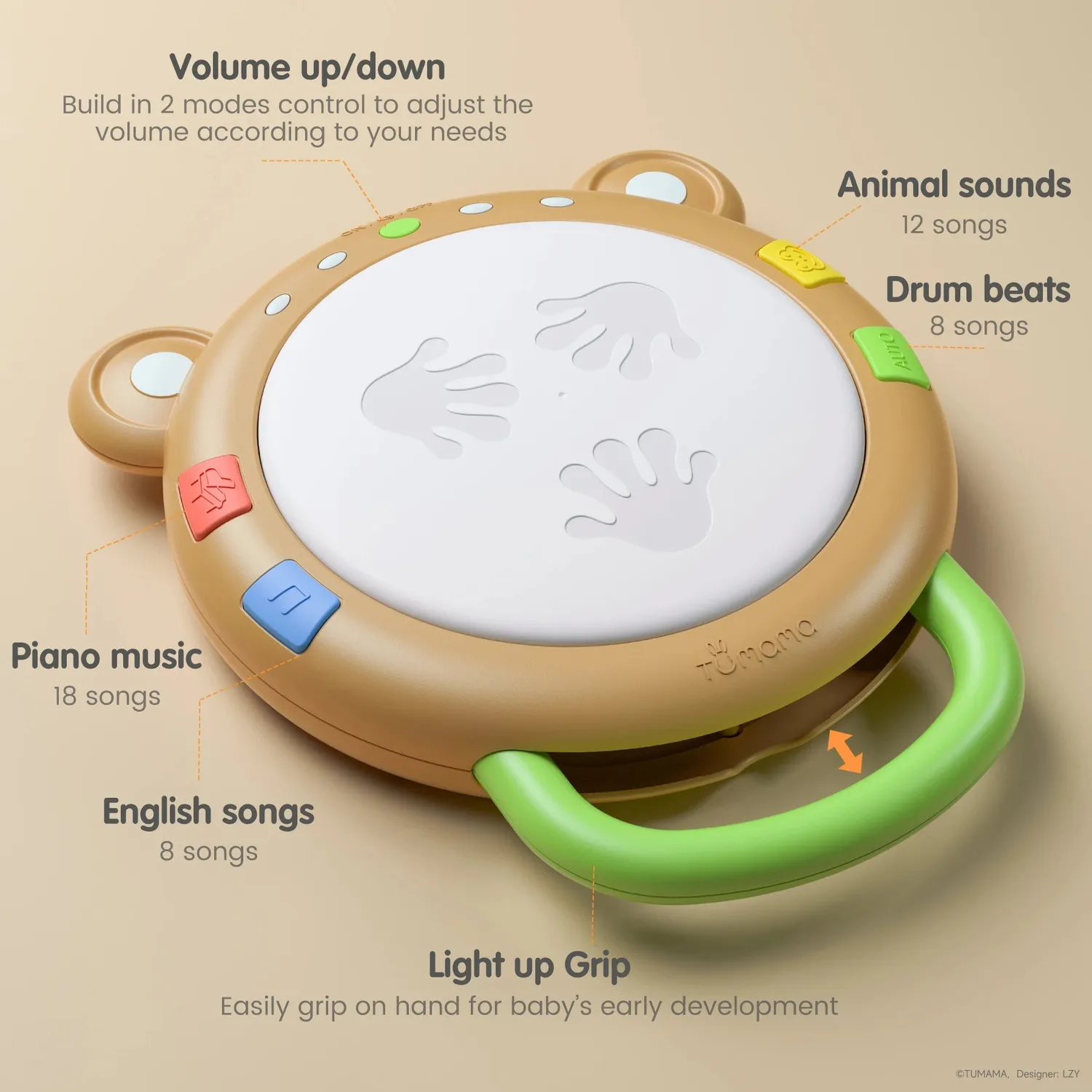 TUMAMA Musiktrommel Baby mit Licht und Tierstimmen