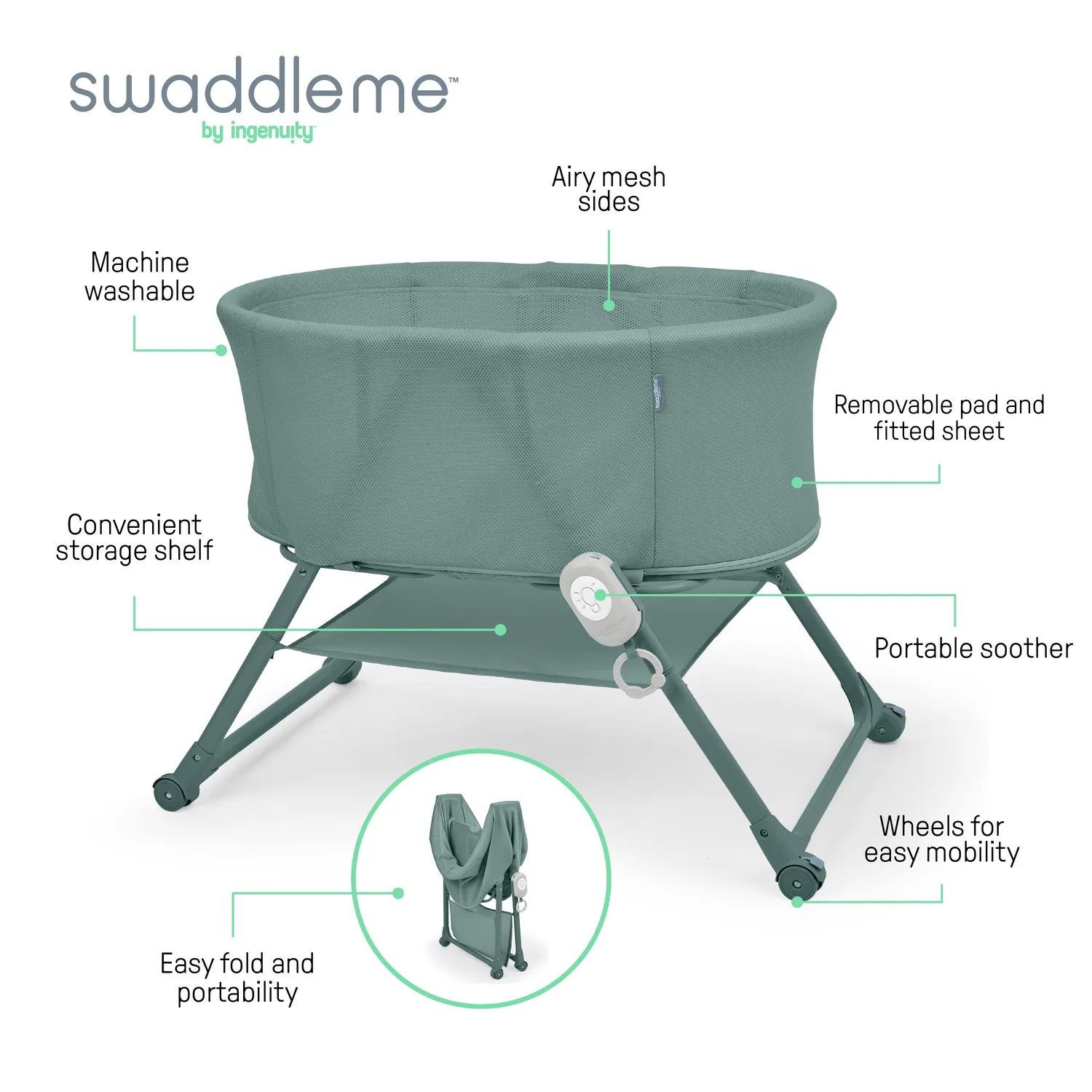 Ingenuity Snooze & Stow Stubenwagen Luxe Evergreen mit Vibration