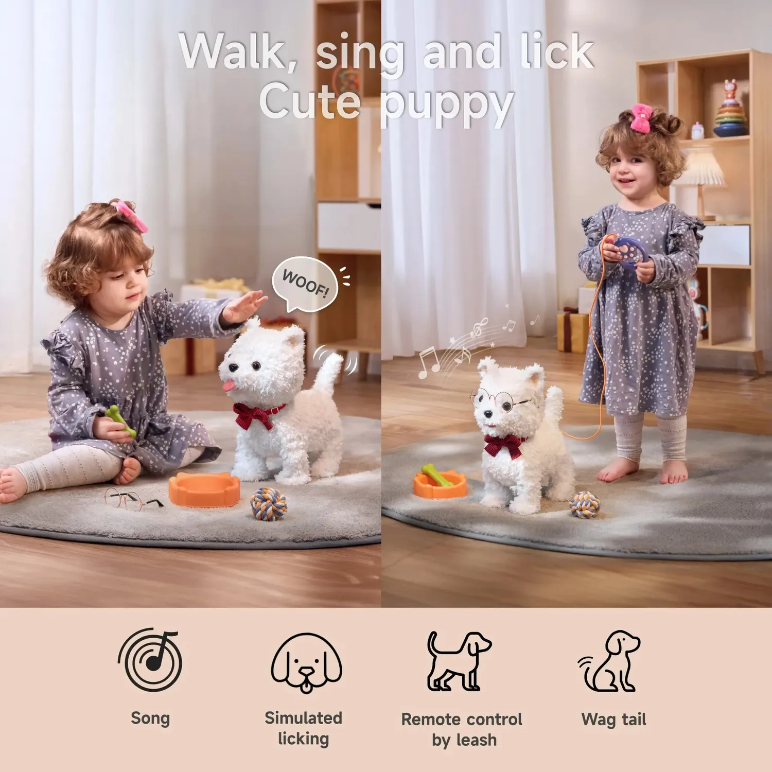 TUMAMA Walking Dog Plüschhund mit Leine und Knochen interaktiv