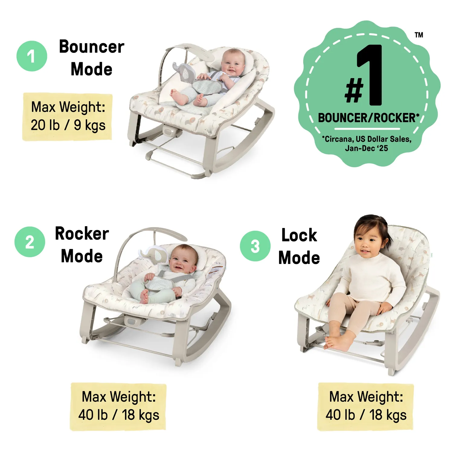 Ingenuity Keep Cozy Babywippe 3-in-1 Grün Vibration