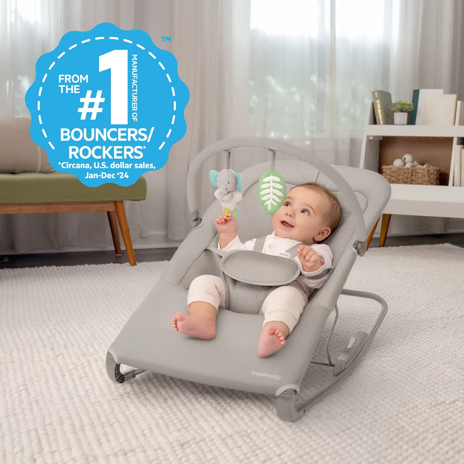 Ingenuity Nestle Vibrating Rocker Babywippe Grau mit Spielbügel