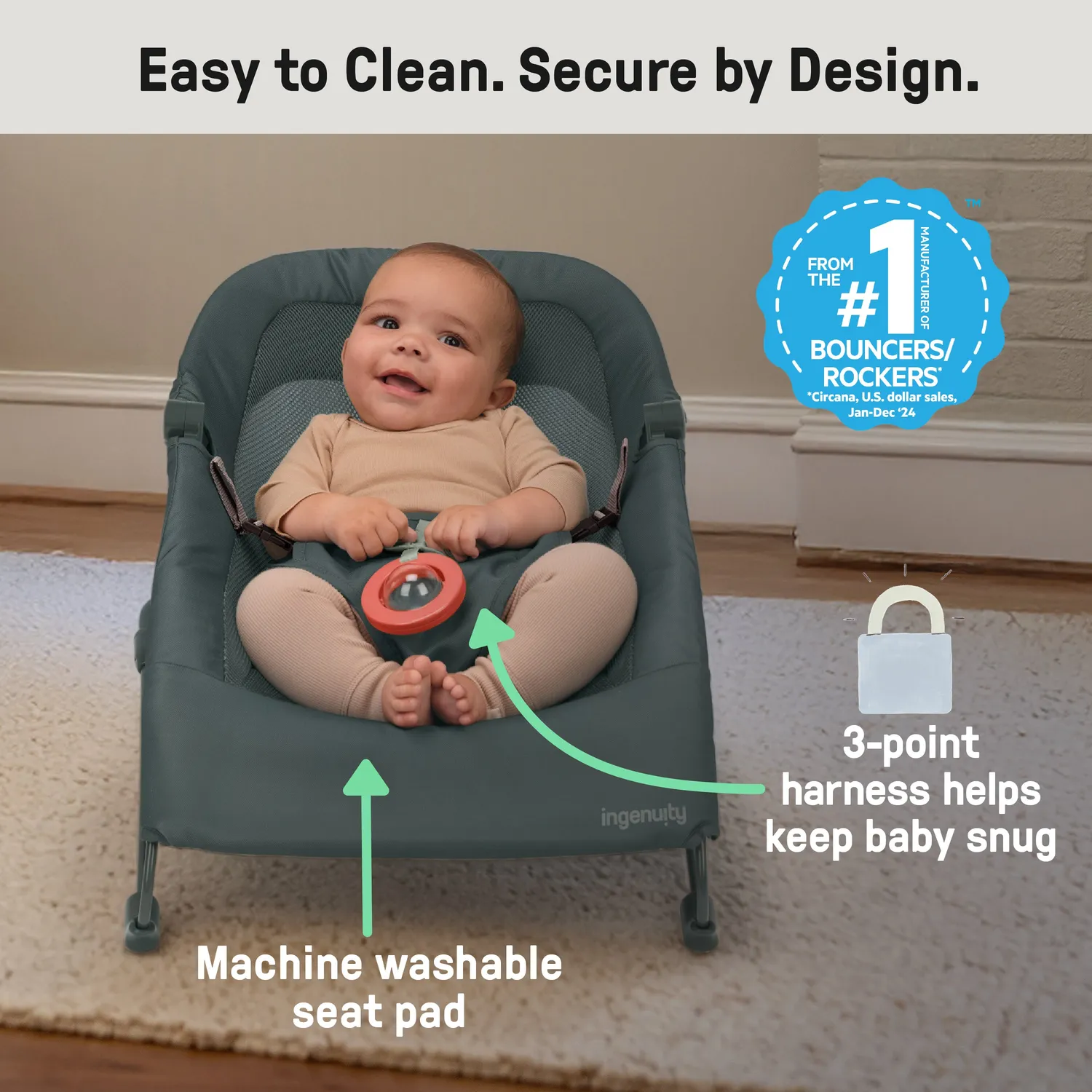 Ingenuity Stow Go Grey Babywippe faltbar Vibration