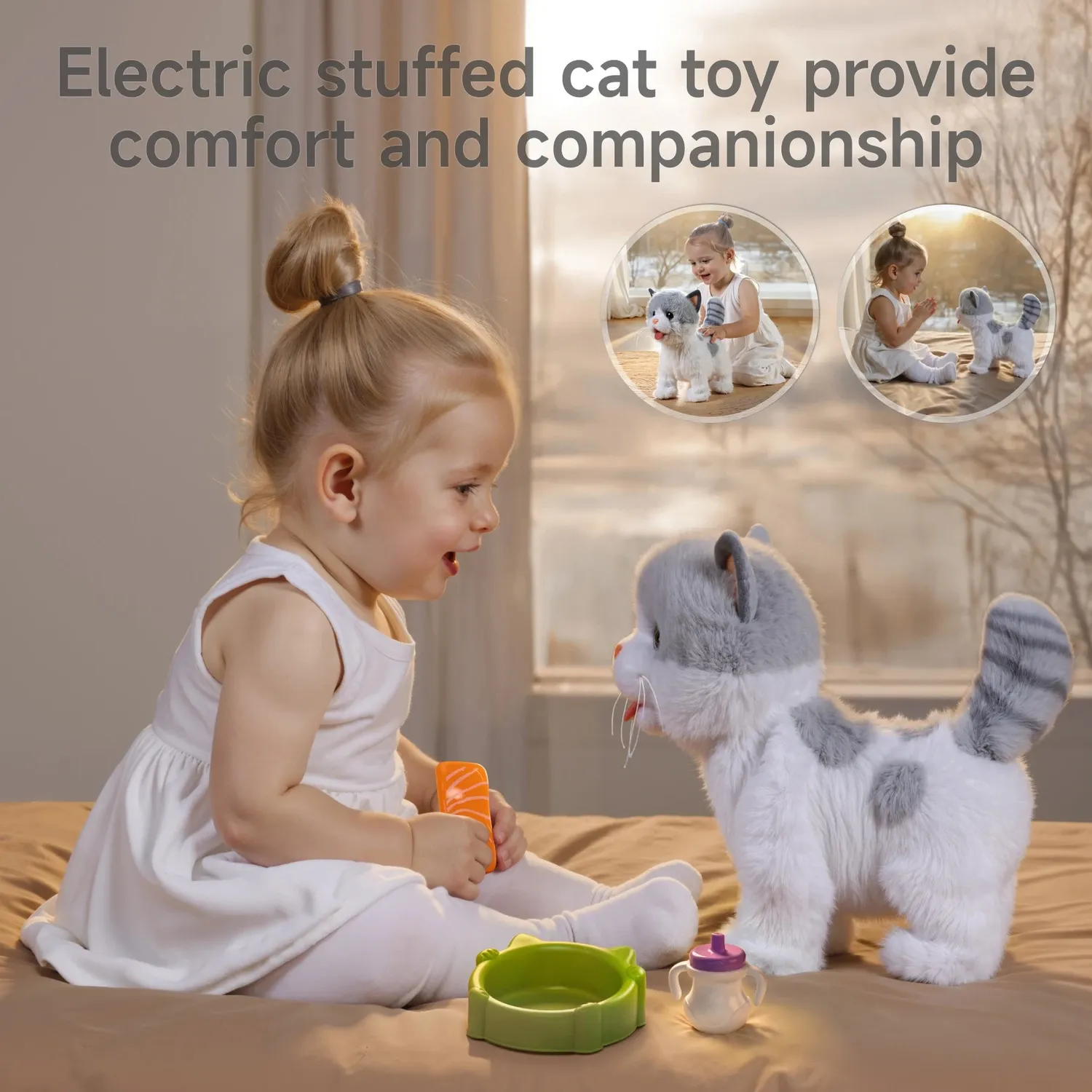 TUMAMA Spielzeugkatze Plüsch interaktiv mit Pflege-Set