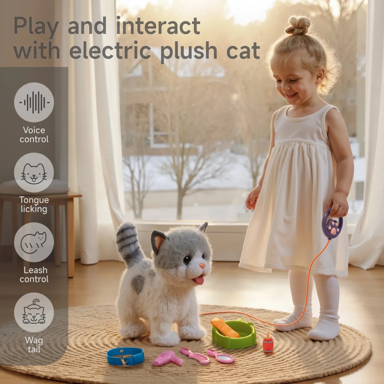 TUMAMA Spielzeugkatze Plüsch interaktiv mit Pflege-Set