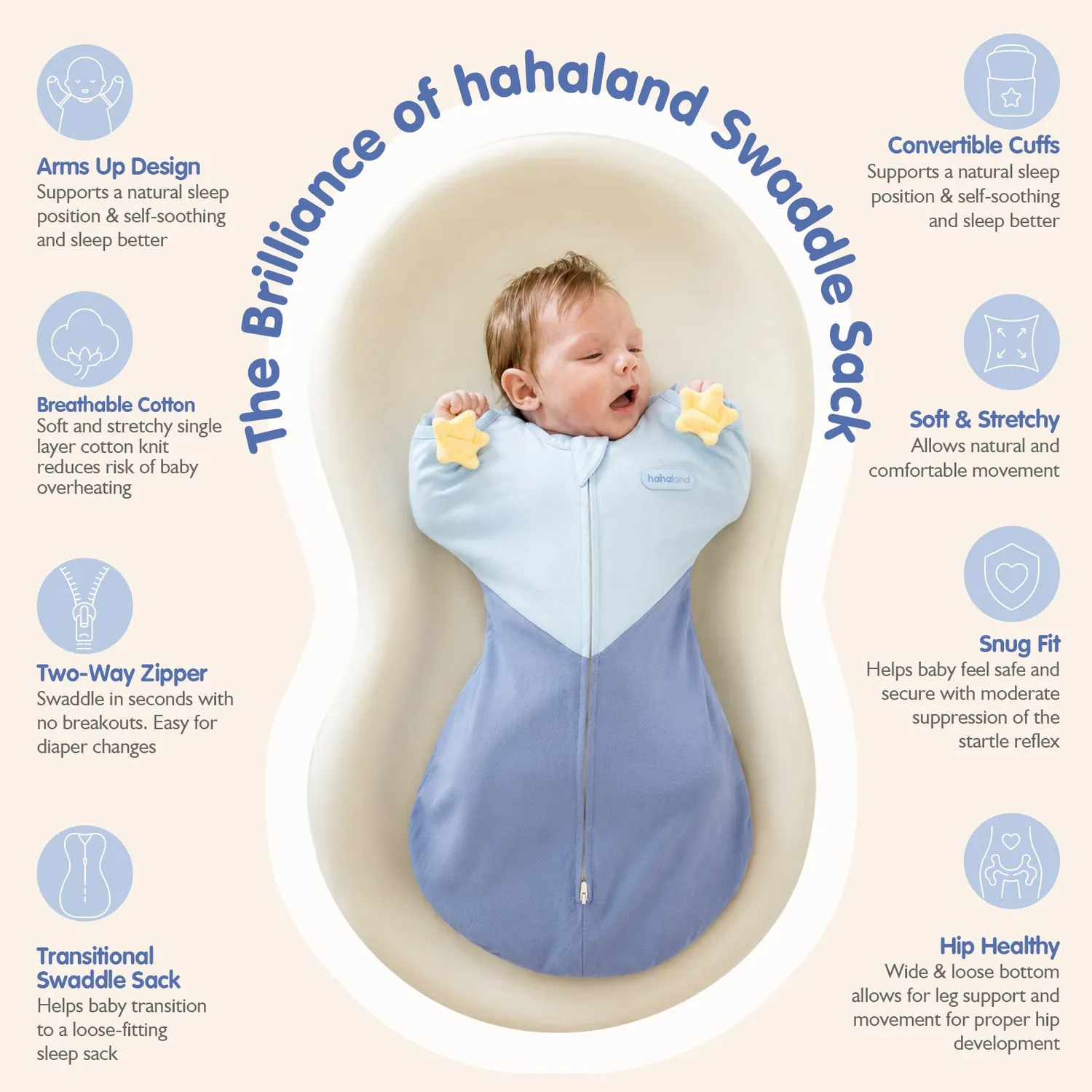 hahaland Arms-Up Schlafsack Blau für ruhigen Babyschlaf