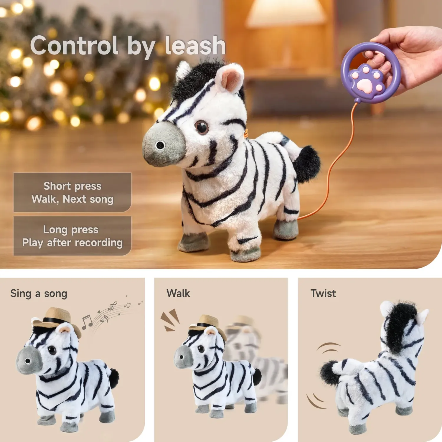 TUMAMA Walking Zebra Plüschtier mit Leine 26 cm