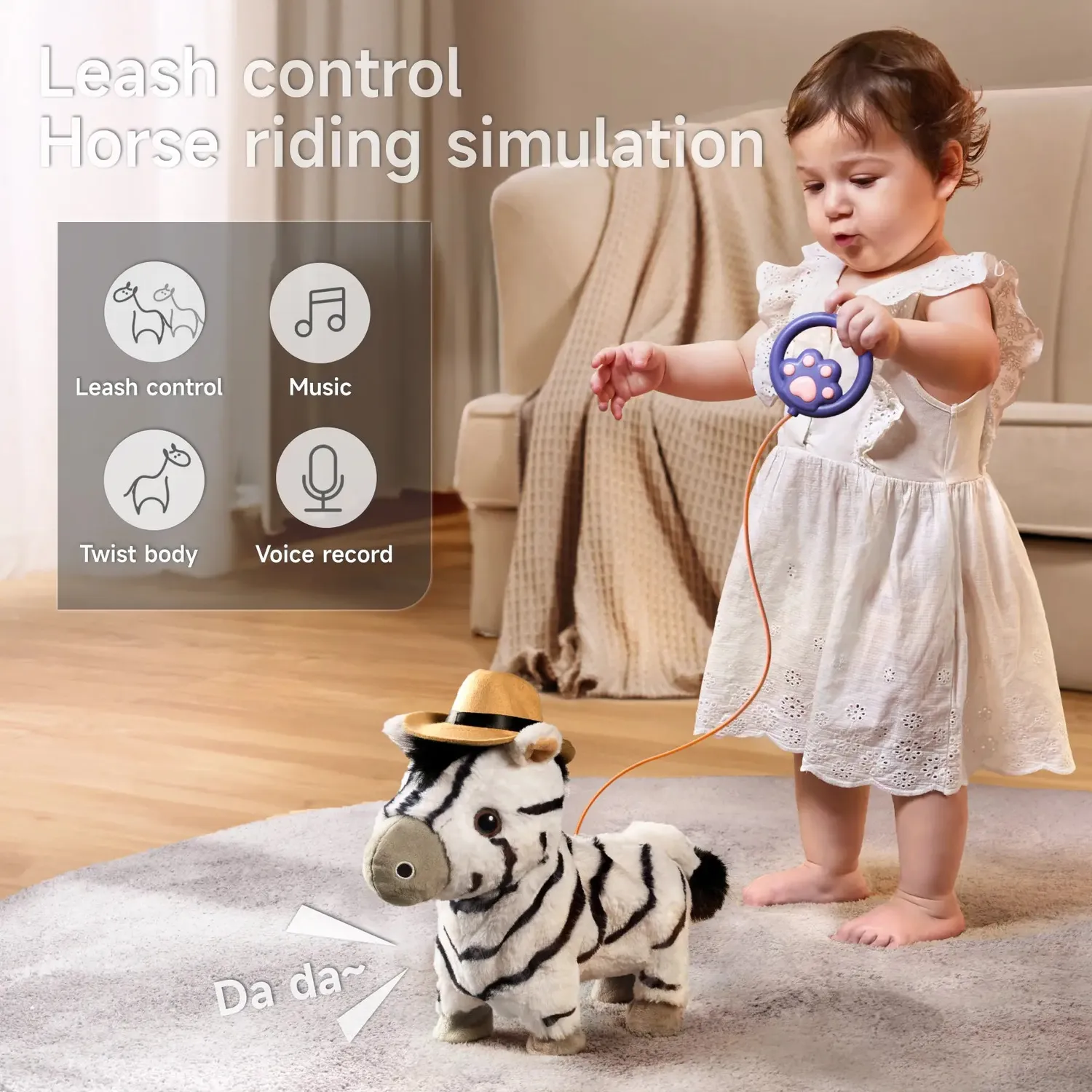 TUMAMA Walking Zebra Plüschtier mit Leine 26 cm