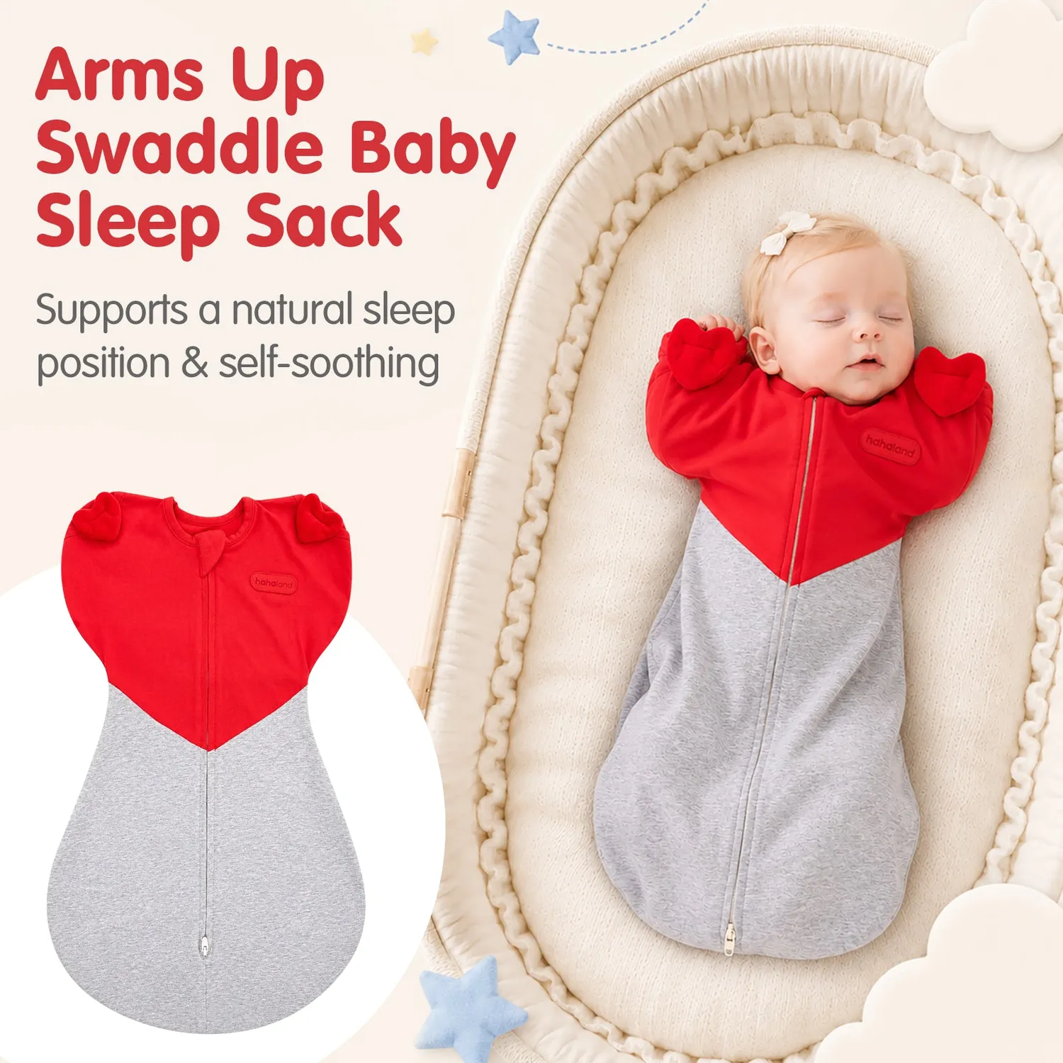 hahaland Heart-Shaped Arms-Up Pucksack Rot Newborn Baumwolle