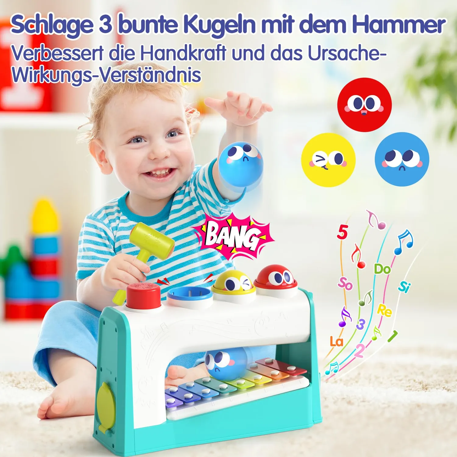 HOLA Hammerspiel Xylophon Klopfspiel mit 3 Bällen ab 1 Jahr