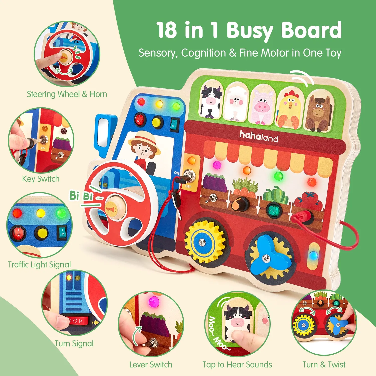 hahaland 18-in-1 Activity Board Holz Motorikspielzeug mit Licht