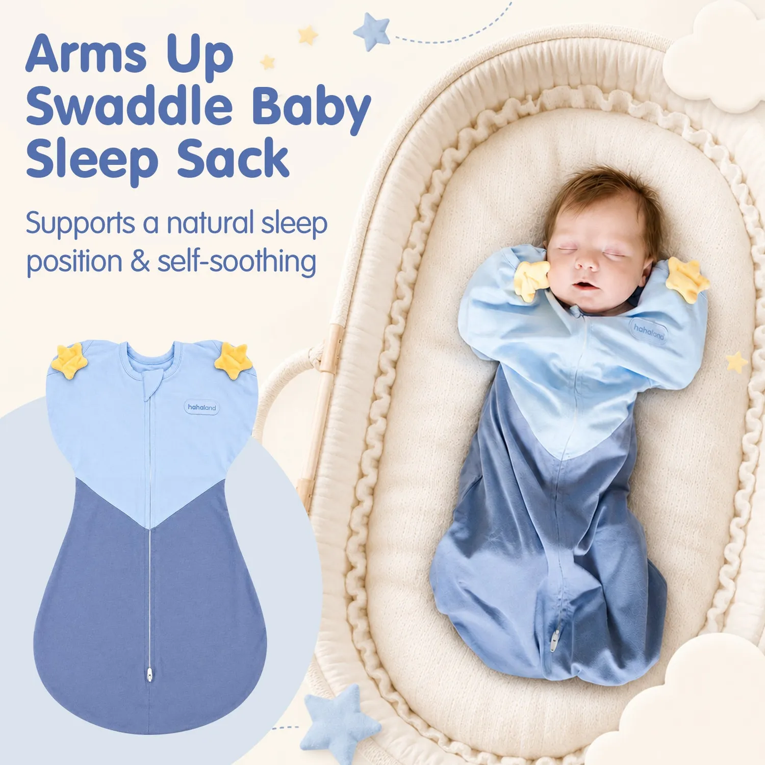 hahaland Arms-Up Schlafsack Blau für ruhigen Babyschlaf