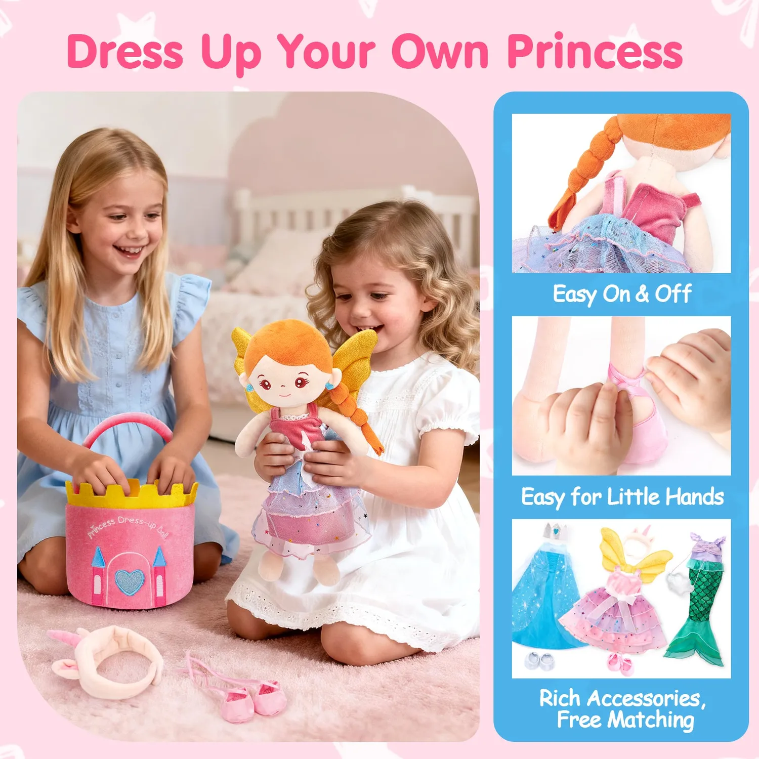 hahaland 3-in-1 Ankleidepuppe mit 3 Outfits Klett