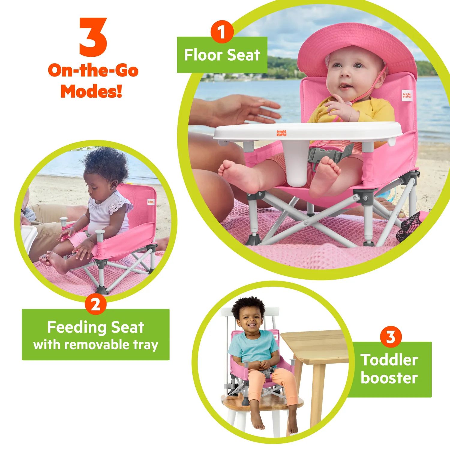 Bright Starts Pop N Sit Boostersitz Rosa 3-in-1 faltbar