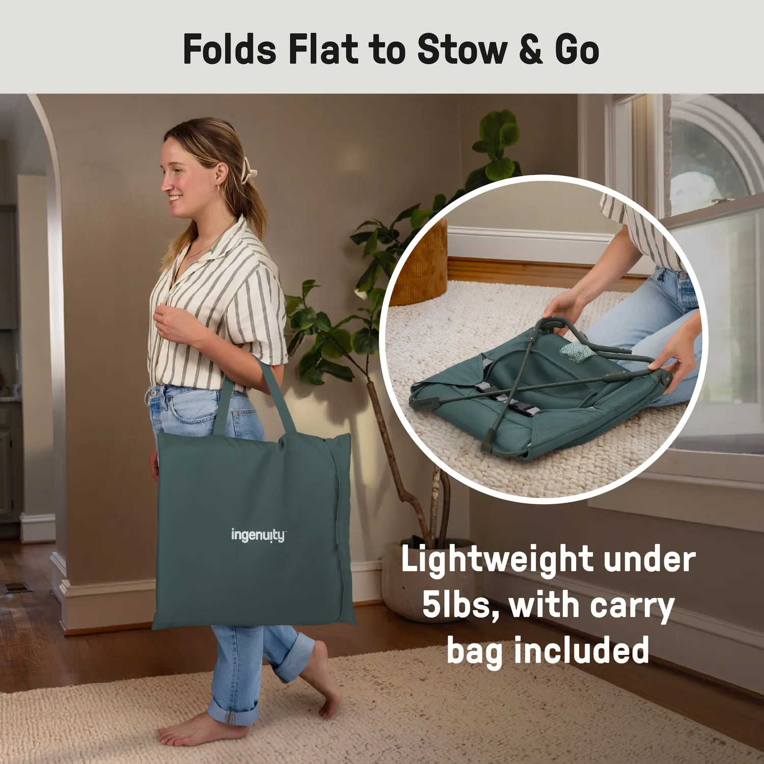 Ingenuity Stow Go Grey Babywippe faltbar Vibration