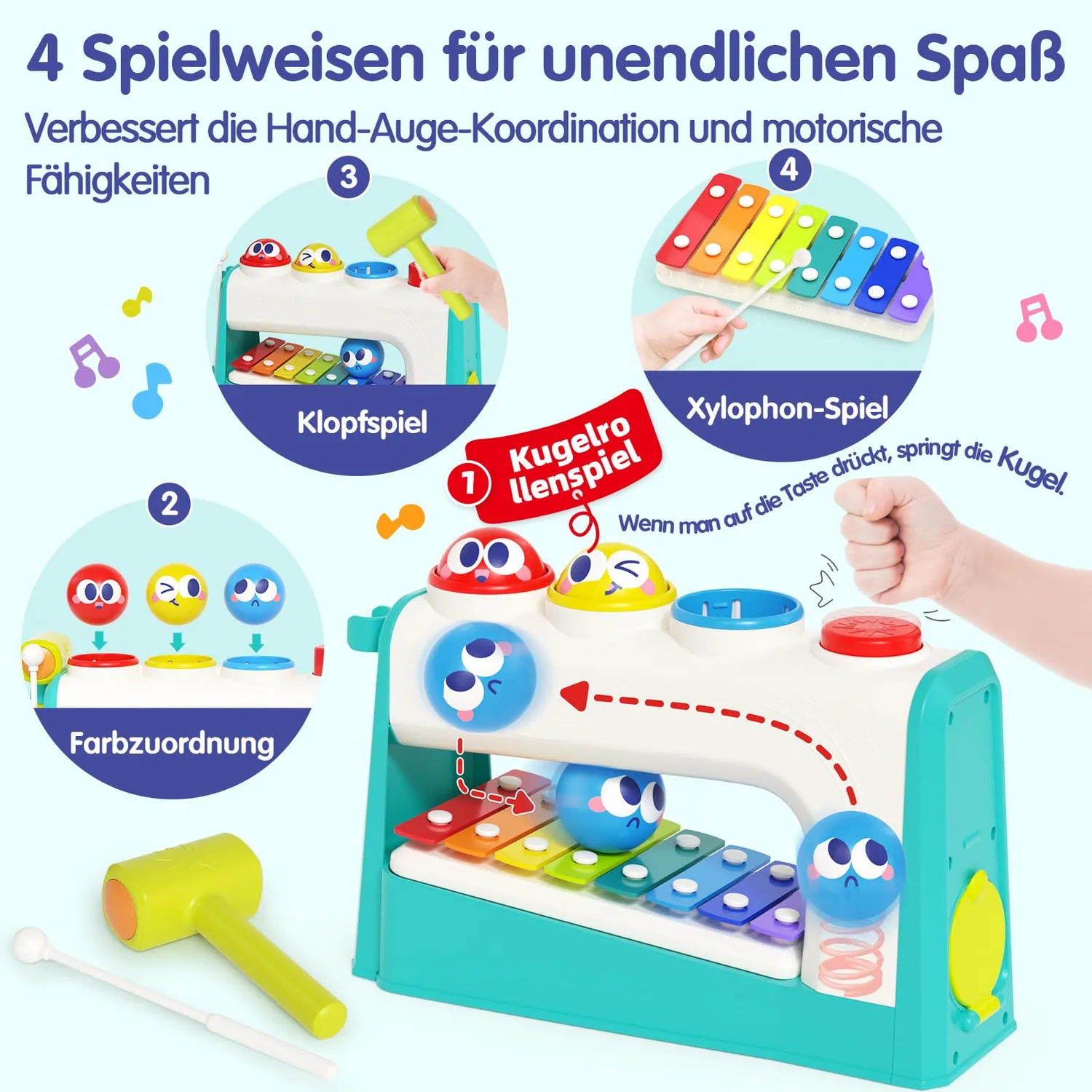 HOLA Hammerspiel Xylophon Klopfspiel mit 3 Bällen ab 1 Jahr